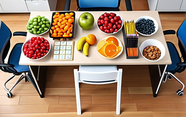 A vibrant, modern office environment showcasing diverse employees who are focused and energetic. Healthy snacks like colorful fruits, nuts, and vegetable sticks are easily accessible on their desks or in a shared area, symbolizing increased productivity, sustained concentration, and mental clarity throughout the workday.